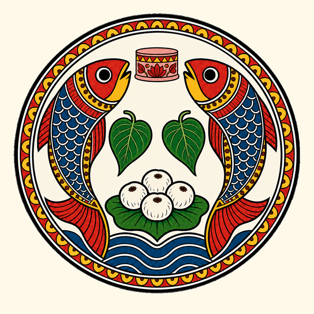 MITHILA emblem representing fish, makhana, ponds, paan and paag