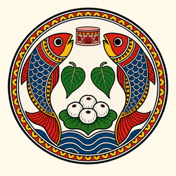 MITHILA emblem: fish, makhana, pond, paan and paag